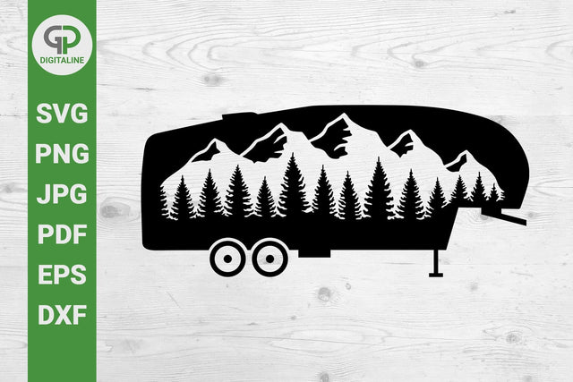5th Wheel RV Camper SVG, Fifth Wheel RV Travel Trailer SVG, Woods SVG, Mountain SVG, Camping SVG, Forest SVG, Pine Trees SVG, Nature SVG, Outdoors SVG, Wilderness SVG, Woodland SVG SVG GPDigitaline 