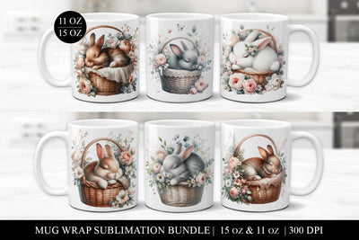 6 Cute Bunny Sublimation Mug Wrap Bundle - 11 & 15oz Sublimation BijouBay 