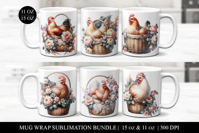 6 Farmhouse Chickens Sublimation Mug Wrap Bundle - 11 & 15oz Sublimation BijouBay 