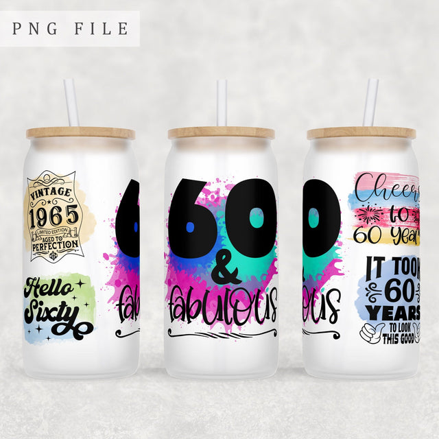 60th Birthday Libbey Glass Can Wrap, 16 Oz Glass Can Sublimation Design, 60th Anniversary Glass Can PNG File, 60 And Fabulous Glass Can Wrap Sublimation HappyDesignStudio 