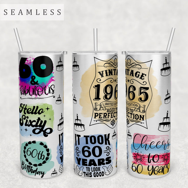 60th Birthday Tumbler Wrap, 20 Oz Skinny Tumbler Sublimation Design, Seamless 60th Birthday Tumbler PNG, Hello Sixty PNG Sublimation HappyDesignStudio 