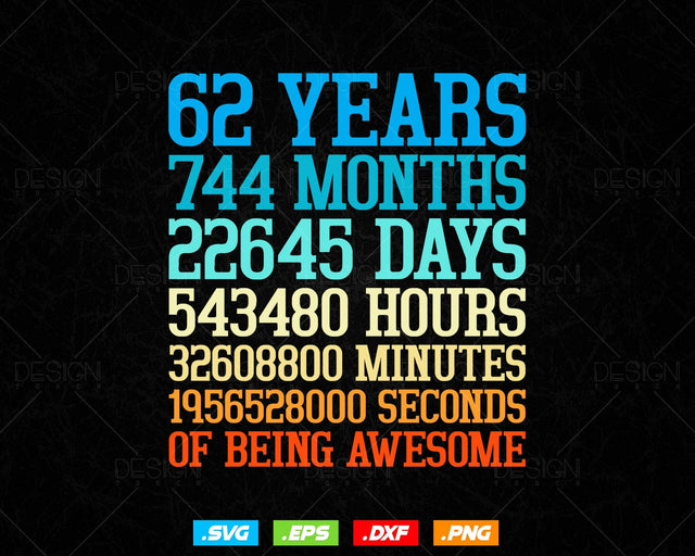 62 Years Of Being Awesome Birthday Svg Png, Retro Vintage Style Happy Birthday Gifts T Shirt Design, Birthday gift svg files for cricut Svg SVG DesignDestine 