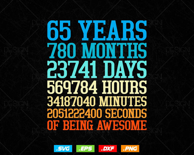 65 Years Of Being Awesome Birthday Svg Png, Retro Vintage Style Happy Birthday Gifts T Shirt Design, Birthday gift svg files for cricut Svg SVG DesignDestine 