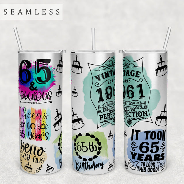 65th Birthday Tumbler Wrap, 20 Oz Skinny Tumbler Sublimation Design, Seamless 65th Birthday Tumbler PNG, Hello Sixty-Five PNG Sublimation HappyDesignStudio 