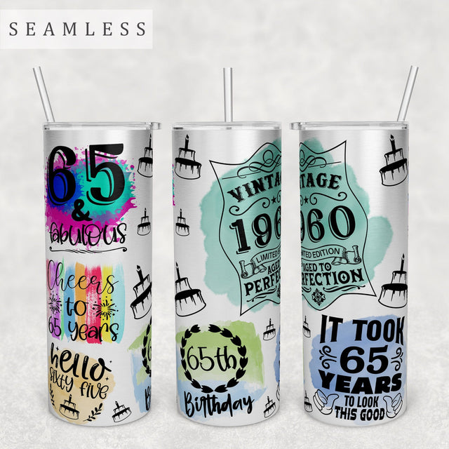 65th Birthday Tumbler Wrap, 20 Oz Skinny Tumbler Sublimation Design, Seamless 65th Birthday Tumbler PNG, Hello Sixty-Five PNG Sublimation HappyDesignStudio 