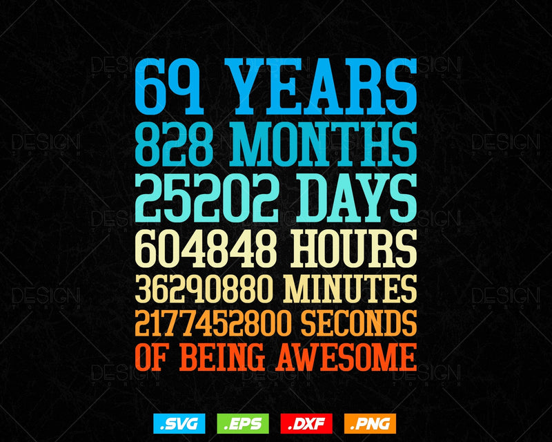 69 Years Of Being Awesome Birthday Svg Png, Retro Vintage Style Happy ...