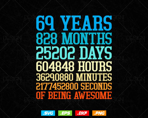 69 Years Of Being Awesome Birthday Svg Png, Retro Vintage Style Happy Birthday Gifts T Shirt Design, Birthday gift svg files for cricut Svg SVG DesignDestine 