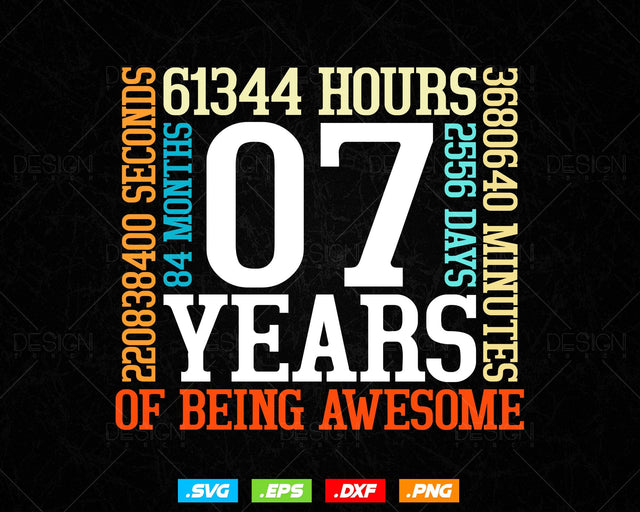 7 Years Of Being Awesome Birthday Svg Png, Retro Vintage Style Happy Birthday Gifts T Shirt Design, Kids Birthday Gift, Birthday Crew Svg SVG DesignDestine 