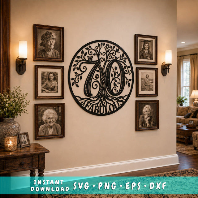 70 & Fabulous Laser SVG | 70th Birthday Tree SVG | Family Tree Laser Cut File | Metal Wall Art Dxf | CNC Plasma Cut Design SVG HappyDesignStudio 