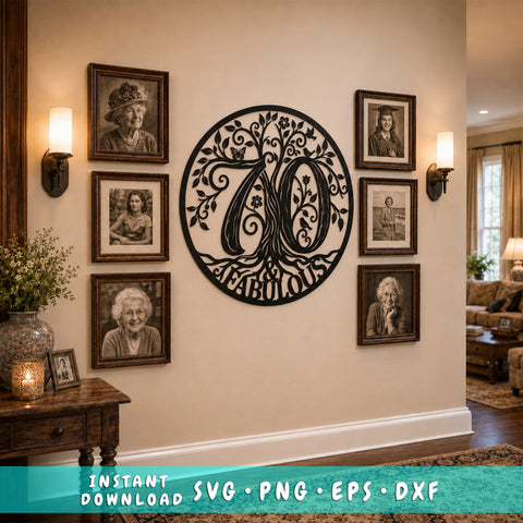 70 & Fabulous Laser SVG | 70th Birthday Tree SVG | Family Tree Laser Cut File | Metal Wall Art Dxf | CNC Plasma Cut Design SVG HappyDesignStudio 
