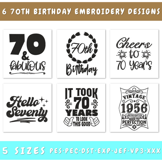70th Birthday Embroidery Designs Bundle - 6 Designs, 70th Birthday Embroidery Patterns, 70th Birthday PES Files, 70th Birthday Embroidery Files Embroidery/Applique DESIGNS HappyDesignStudio 