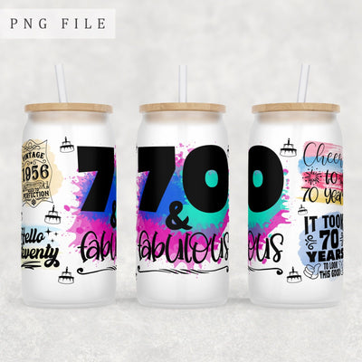 70th Birthday Libbey Glass Can Wrap, 16 Oz Glass Can Sublimation Design, 70th Anniversary Glass Can PNG File, 70 And Fabulous Glass Can Wrap Sublimation HappyDesignStudio 
