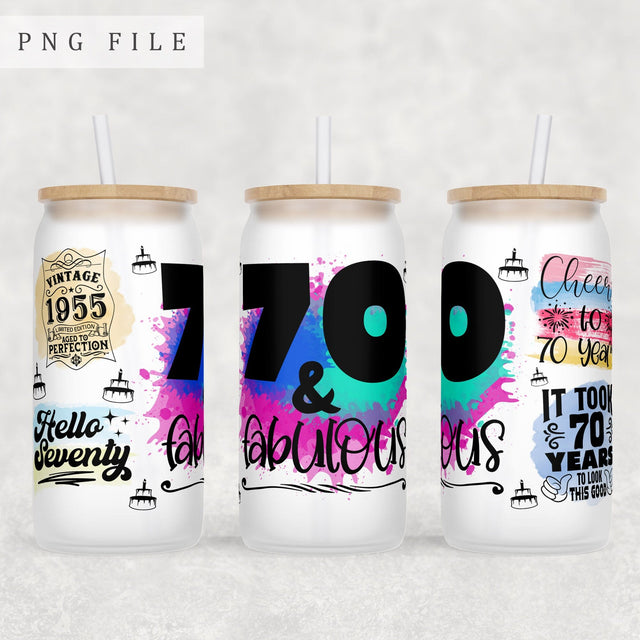 70th Birthday Libbey Glass Can Wrap, 16 Oz Glass Can Sublimation Design, 70th Anniversary Glass Can PNG File, 70 And Fabulous Glass Can Wrap Sublimation HappyDesignStudio 