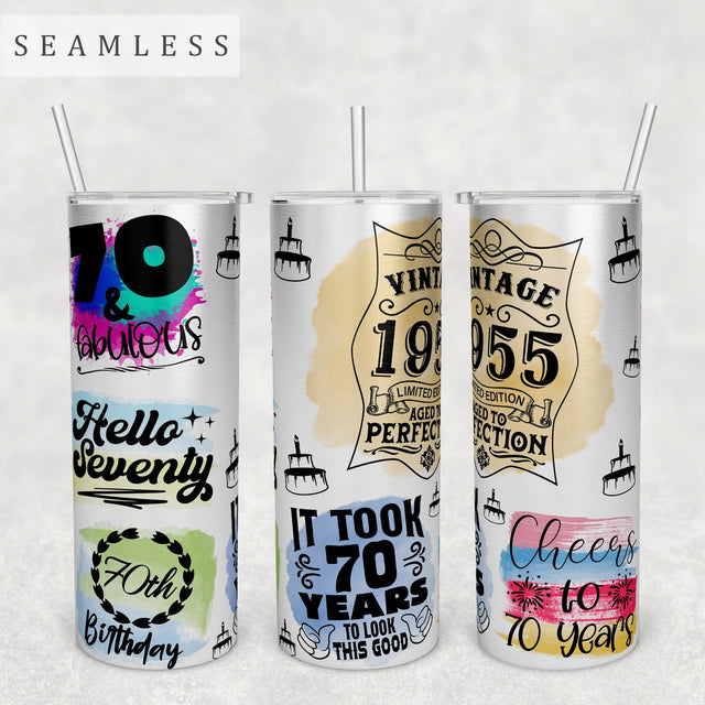 70th Birthday Tumbler Wrap, 20 Oz Skinny Tumbler Sublimation Design, Seamless 70th Birthday Tumbler PNG, Hello Seventy PNG Sublimation HappyDesignStudio 