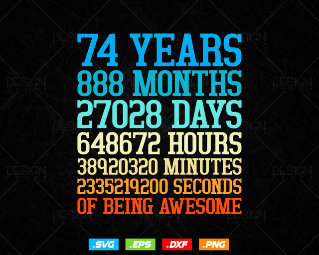 74 Years Of Being Awesome Birthday Svg Png, Retro Vintage Style Happy Birthday Gifts T Shirt Design, Birthday gift svg files for cricut Svg SVG DesignDestine 