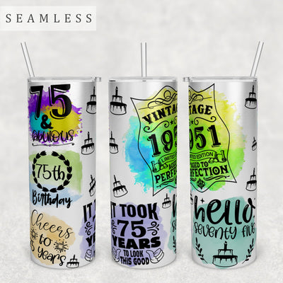 75th Birthday Tumbler Wrap, 20 Oz Skinny Tumbler Sublimation Design, Seamless 75th Birthday Tumbler PNG Sublimation HappyDesignStudio 