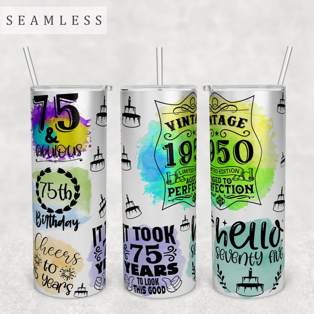 75th Birthday Tumbler Wrap, 20 Oz Skinny Tumbler Sublimation Design, Seamless 75th Birthday Tumbler PNG Sublimation HappyDesignStudio 