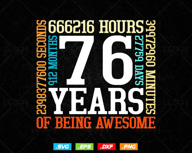 76 Years Of Being Awesome Birthday Svg Png, Retro Vintage Style Happy Birthday Gifts T Shirt Design, Birthday gift svg files for cricut Svg SVG DesignDestine 