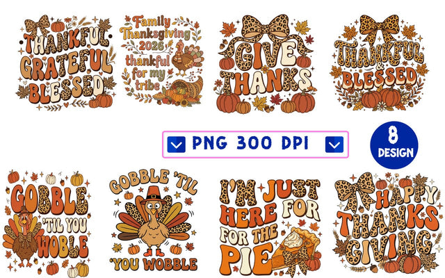 8 Retro Thanksgiving PNG Designs Bundle, Leopard Fall Sublimation Designs, Gobble Til You Wobble, Give Thanks, Thankful Blessed Shirt Designs, 300 DPI, Instant Download Sublimation Insomnia Std 