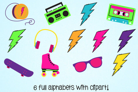 80s Doodle Alphabet, 80s Retro Alpha Set With Clipart PNG Sublimation Crafty Mama Studios 