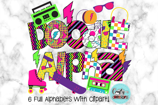 80s Doodle Alphabet, 80s Retro Alpha Set With Clipart PNG Sublimation Crafty Mama Studios 