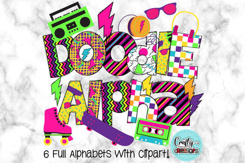 80s Doodle Alphabet, 80s Retro Alpha Set With Clipart PNG Sublimation Crafty Mama Studios 