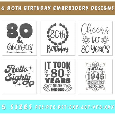 80th Birthday Embroidery Designs Bundle - 6 Designs, 80th Birthday Embroidery Patterns, 80th Birthday PES Files, 80th Birthday Embroidery Files Embroidery/Applique DESIGNS HappyDesignStudio 