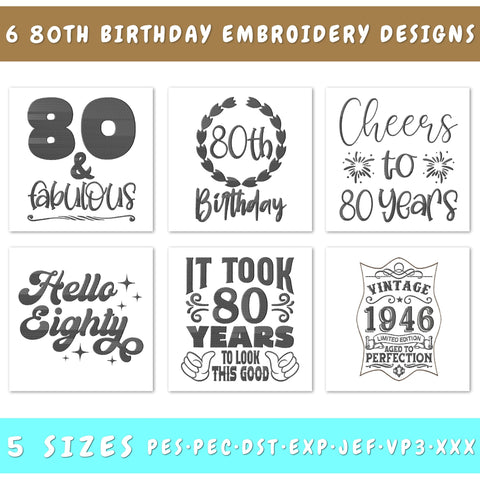 80th Birthday Embroidery Designs Bundle - 6 Designs, 80th Birthday Embroidery Patterns, 80th Birthday PES Files, 80th Birthday Embroidery Files Embroidery/Applique DESIGNS HappyDesignStudio 