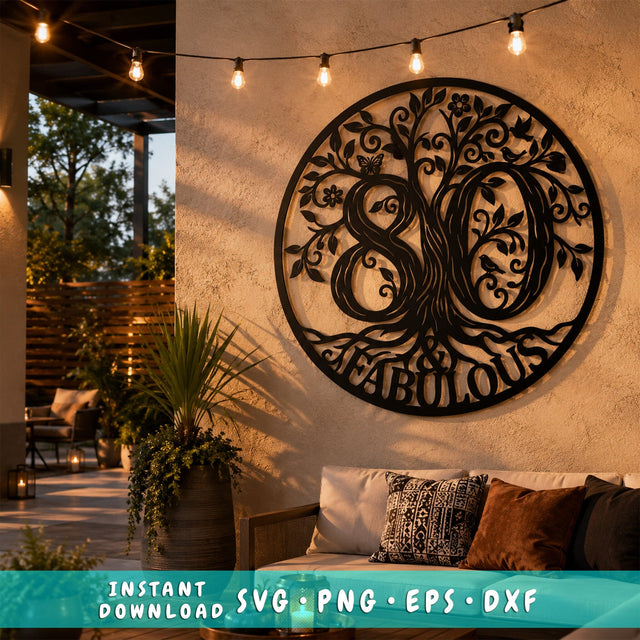 80th Birthday Tree of Life Laser SVG | Laser Cut File for Metal Wall Art | Plasma CNC DXF Sign | 80 and Fabulous Birthday Decor SVG HappyDesignStudio 