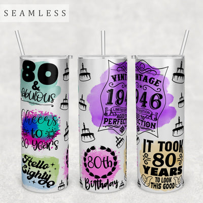 80th Birthday Tumbler Wrap, 20 Oz Skinny Tumbler Sublimation Design, Seamless 80th Birthday Tumbler PNG, Hello Eighty PNG Sublimation HappyDesignStudio 