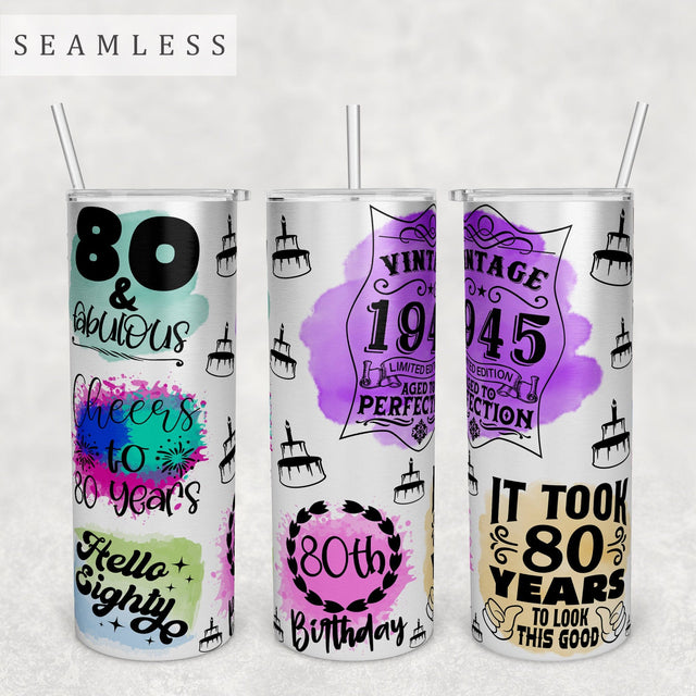 80th Birthday Tumbler Wrap, 20 Oz Skinny Tumbler Sublimation Design, Seamless 80th Birthday Tumbler PNG, Hello Eighty PNG Sublimation HappyDesignStudio 