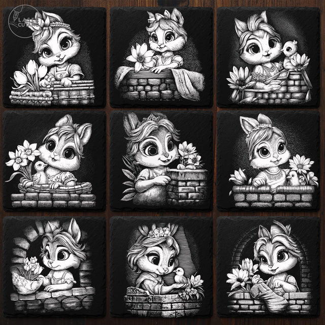9 Cute Spring Easter Bunny Slate Coaster Engraving Designs - PNG Bundle SVG LaserCutano 
