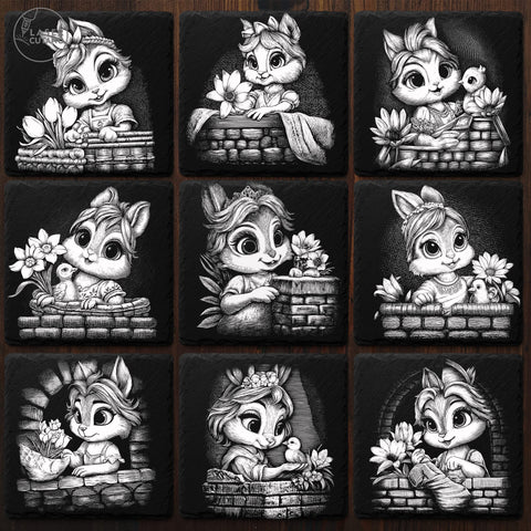 9 Cute Spring Easter Bunny Slate Coaster Engraving Designs - PNG Bundle SVG LaserCutano 