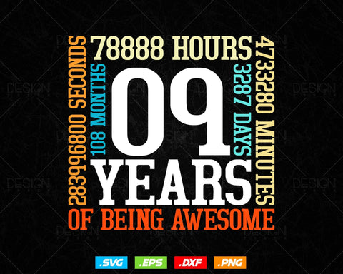 9 Years Of Being Awesome Birthday Svg Png, Retro Vintage Style Happy Birthday Gifts T Shirt Design, Kids Birthday Gift, Birthday Crew Svg SVG DesignDestine 
