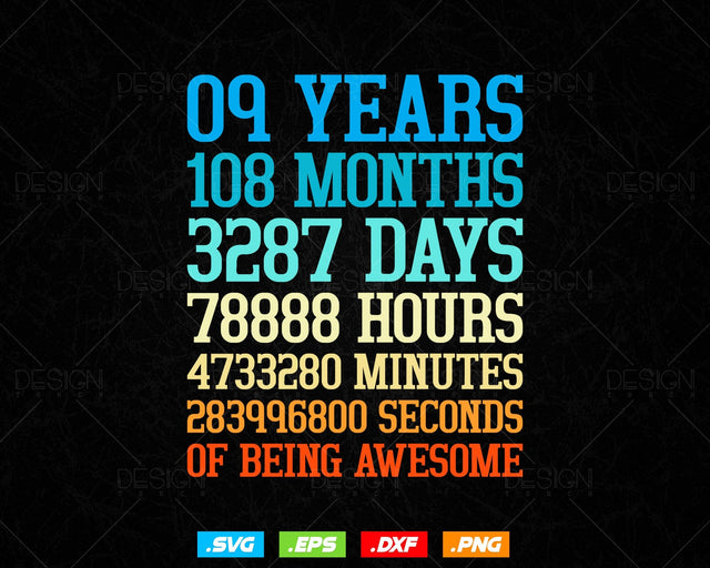9 Years Of Being Awesome Birthday Svg Png, Retro Vintage Style Happy Birthday Gifts T Shirt Design, Kids Birthday Gift, Birthday Crew Svg SVG DesignDestine 