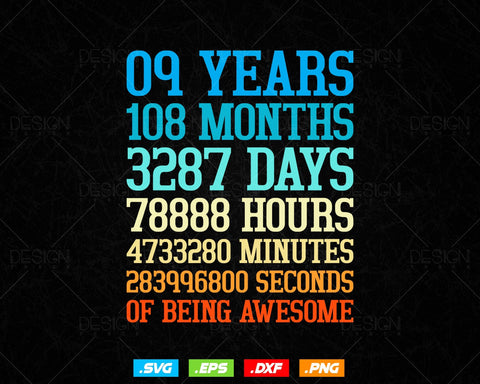 9 Years Of Being Awesome Birthday Svg Png, Retro Vintage Style Happy Birthday Gifts T Shirt Design, Kids Birthday Gift, Birthday Crew Svg SVG DesignDestine 