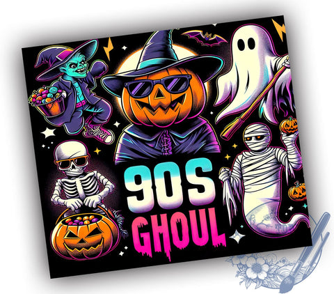 90s Ghoul Halloween 20oz Skinny Tumbler PNG, Cute Spooky Characters Tumbler Sublimation Wrap, Straight & Tapered Tumbler Wrap, Instant Digital Download Sublimation ToriDesigns 