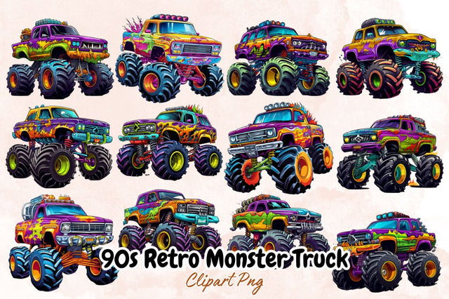 90s Retro Monster Truck Clipart Bundle Sublimation Designangry 