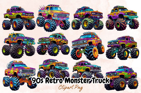 90s Retro Monster Truck Clipart Bundle Sublimation Designangry 