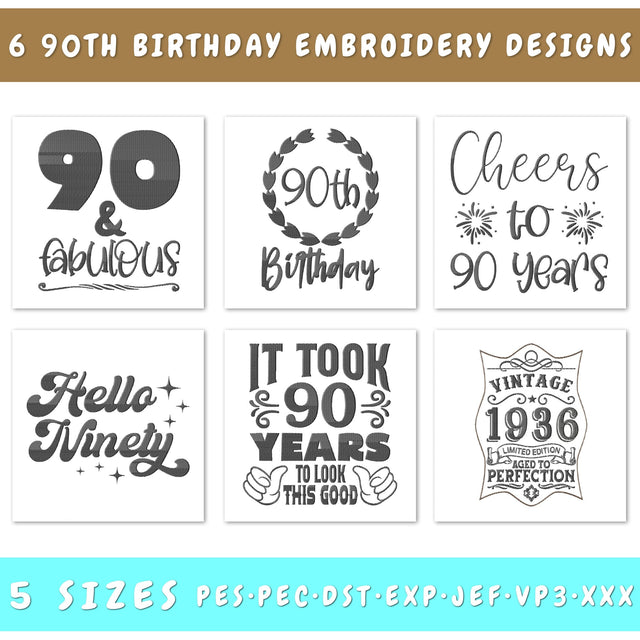90th Birthday Embroidery Designs Bundle - 6 Designs, 90th Birthday Embroidery Patterns, 90th Birthday PES Files, 90th Birthday Embroidery Files Embroidery/Applique DESIGNS HappyDesignStudio 