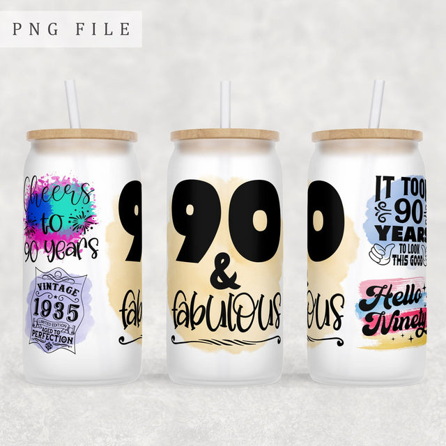 90th Birthday Libbey Glass Can Wrap, 16 Oz Glass Can Sublimation Design, 90th Anniversary Glass Can PNG File, 90 And Fabulous Glass Can Wrap Sublimation HappyDesignStudio 