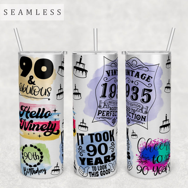 90th Birthday Tumbler Wrap, 20 Oz Skinny Tumbler Sublimation Design, Seamless 90th Birthday Tumbler PNG Sublimation HappyDesignStudio 