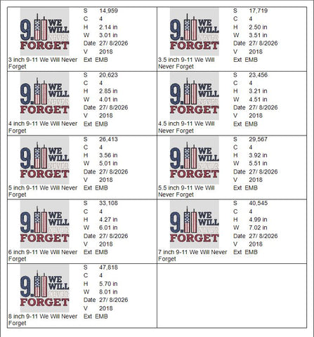 9/11 We Will Never Forget Patriotic Machine Embroidery Design – American Flag Memorial Embroidery File Embroidery/Applique DESIGNS PatternFeed8 