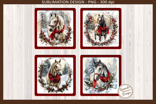 CHRISTMAS HORESE SQUARE COASTERS  HOLIDAY COASTERS  RED BUFFALO PLAID SUBLIMATION PNG DIGITAL DESIGN.jpg