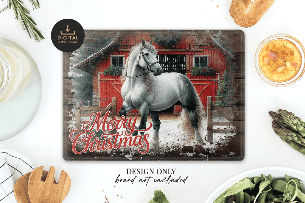 Grey Horse Christmas Barn Cutting Board Sublimation Art - So Fontsy