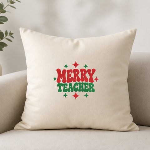 EF641. Merry Teacher Retro Christmas - White_Pillow.jpg