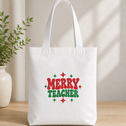 EF641. Merry Teacher Retro Christmas - White_Totebag.jpg