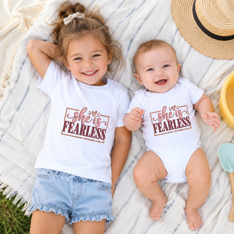 EF646. She Is Fearless Proverbs - White_Kids_tshirt_And_onesie.jpg