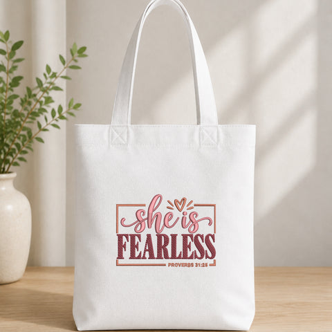 EF646. She Is Fearless Proverbs - White_Totebag.jpg