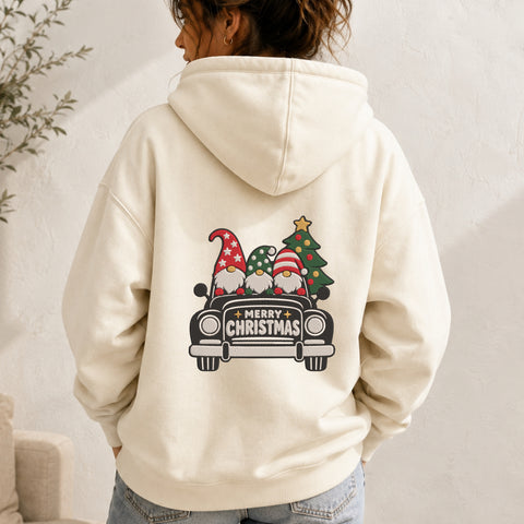 EF683. Christmas Gnomes Vintage Car & Tree - White_Hoodie.jpg